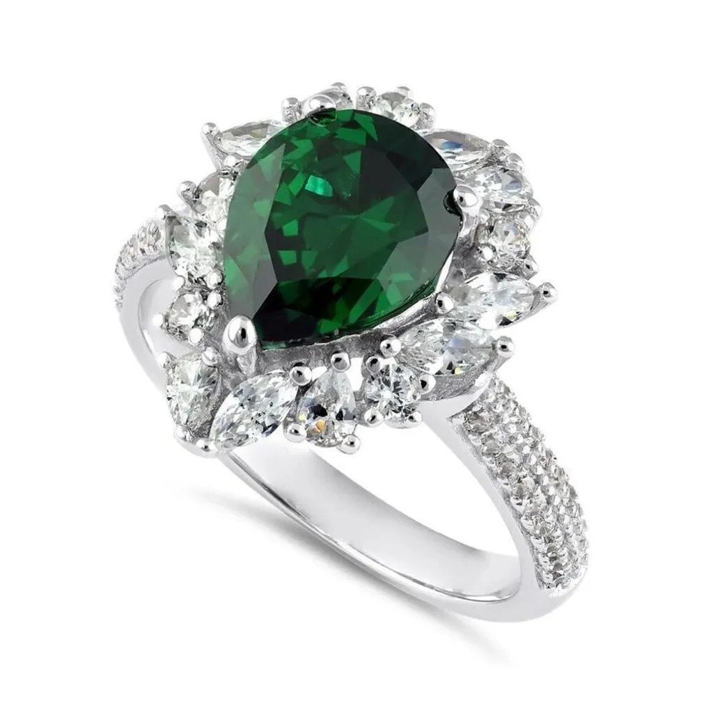New SterlingSilver Pear Cut Emerald CZ Halo Ring Size 10
