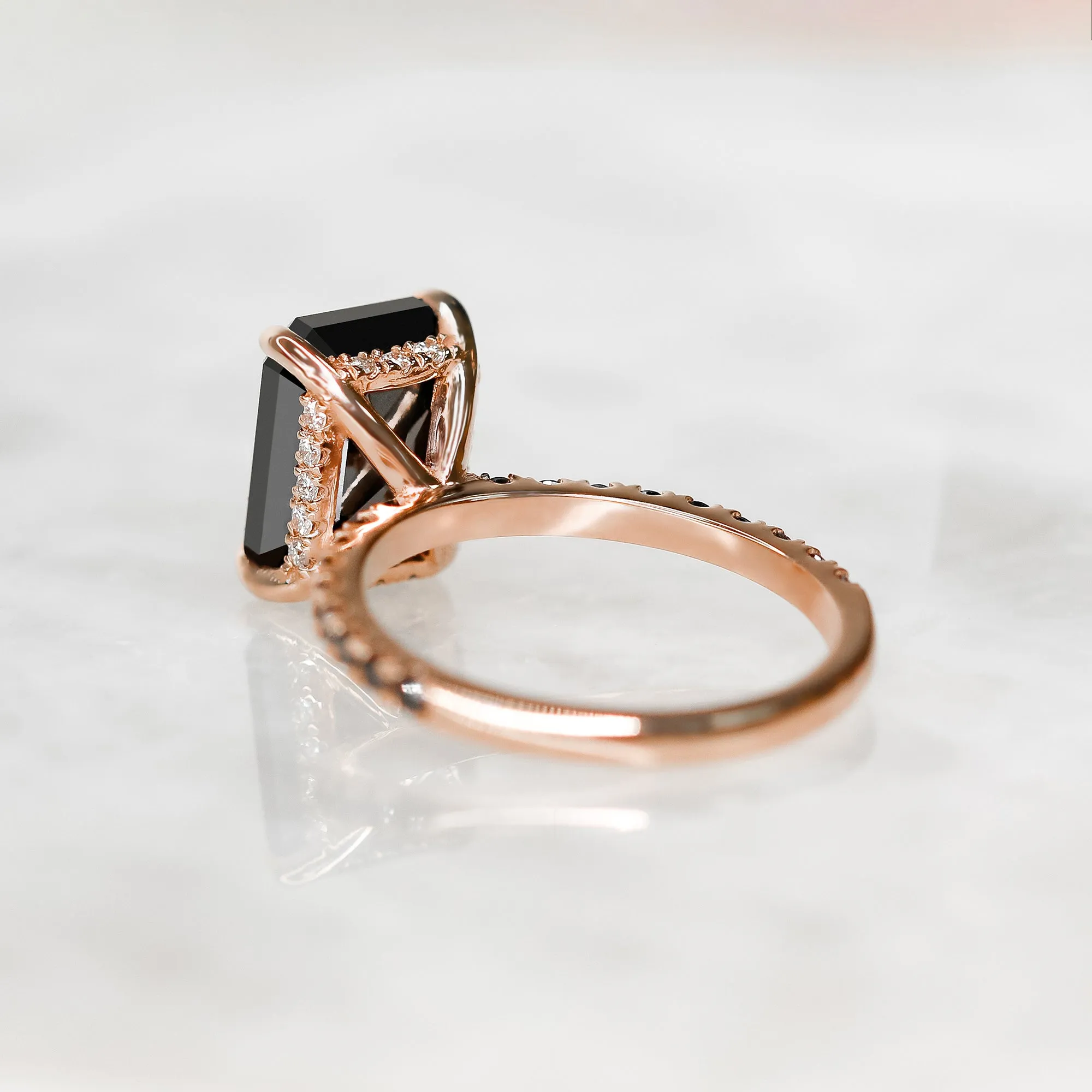Noir Mystique Unique Natural Black Diamond Emerald Cut Engagement Ring In Rose Gold