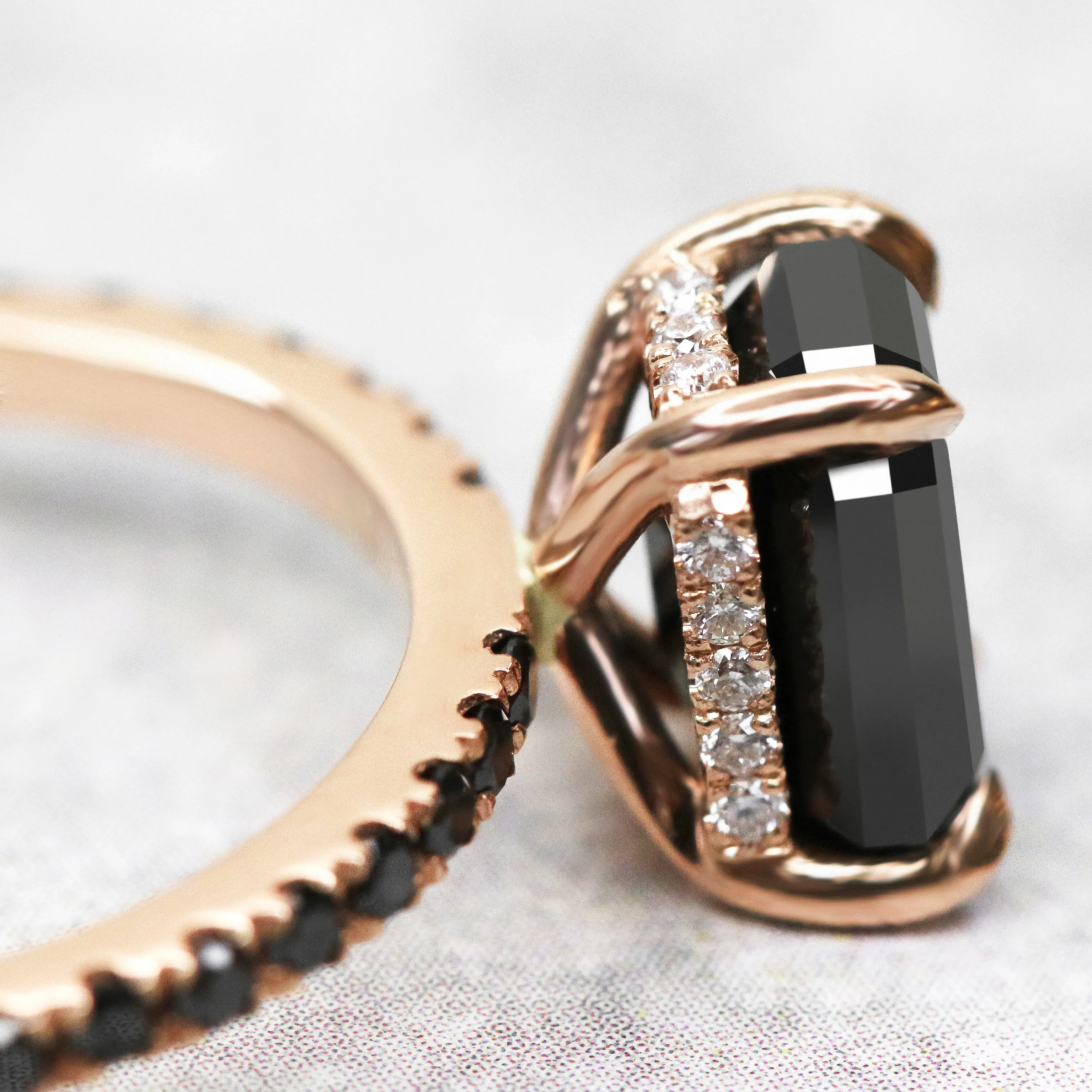 Noir Mystique Unique Natural Black Diamond Emerald Cut Engagement Ring In Rose Gold