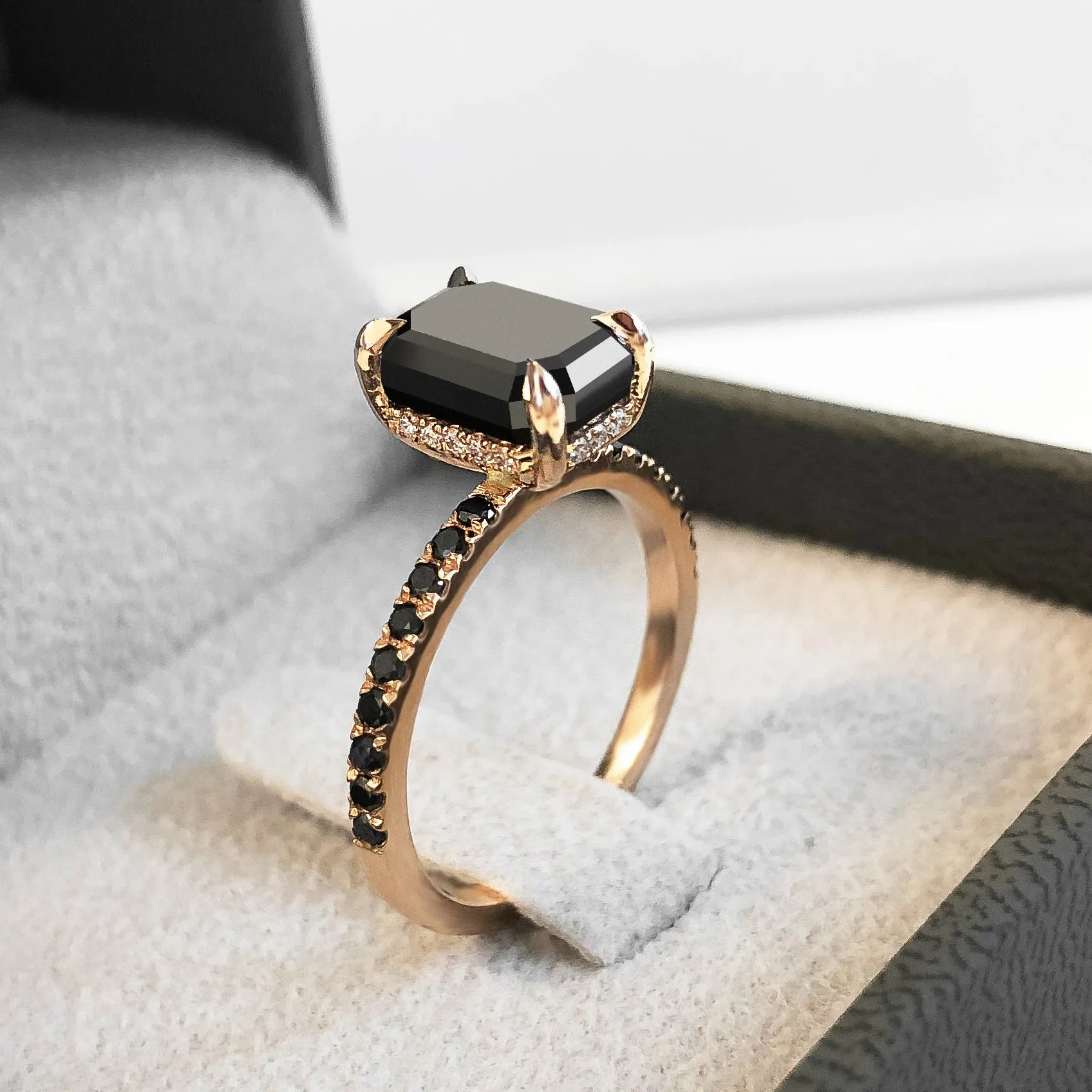 Noir Mystique Unique Natural Black Diamond Emerald Cut Engagement Ring In Rose Gold