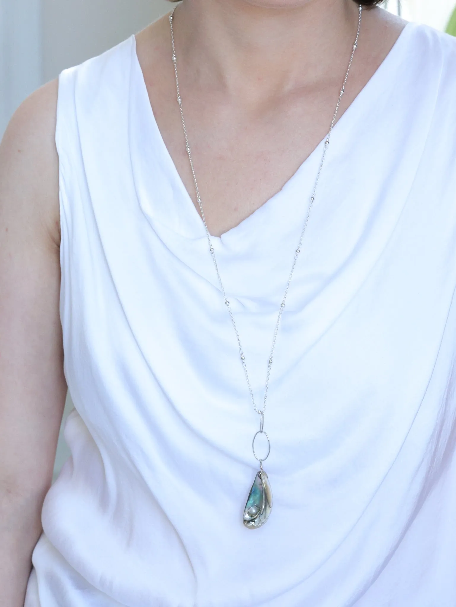 Paua Shell nh handmade long silver necklace