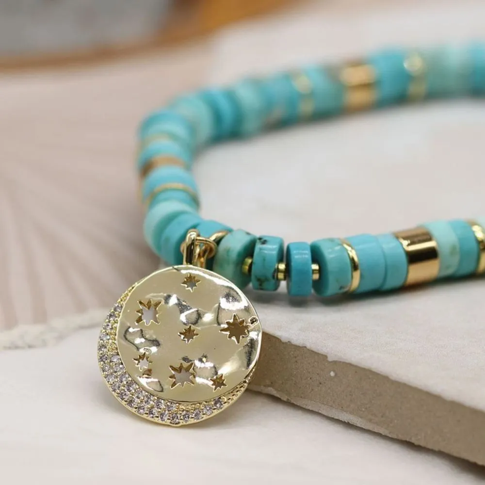 POM Turquoise and Gold Mix Bracelet With Golden Crystal Star Disc