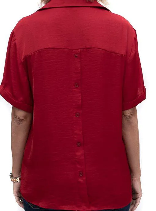 Ruby Red Notch Collar Short Sleeve Blouse