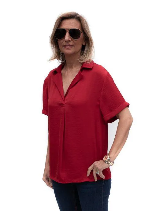 Ruby Red Notch Collar Short Sleeve Blouse