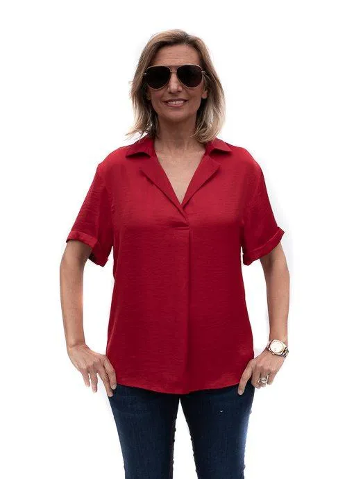 Ruby Red Notch Collar Short Sleeve Blouse