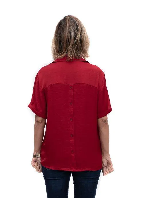 Ruby Red Notch Collar Short Sleeve Blouse