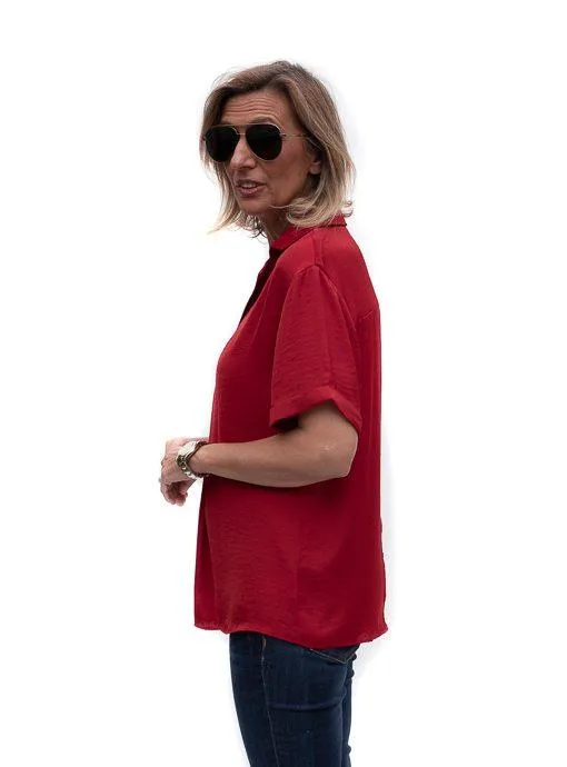 Ruby Red Notch Collar Short Sleeve Blouse