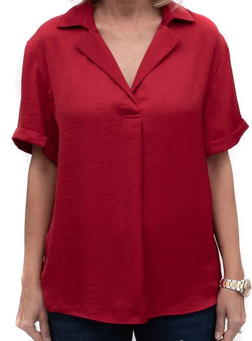 Ruby Red Notch Collar Short Sleeve Blouse