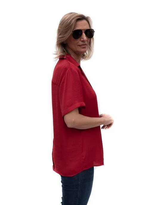 Ruby Red Notch Collar Short Sleeve Blouse