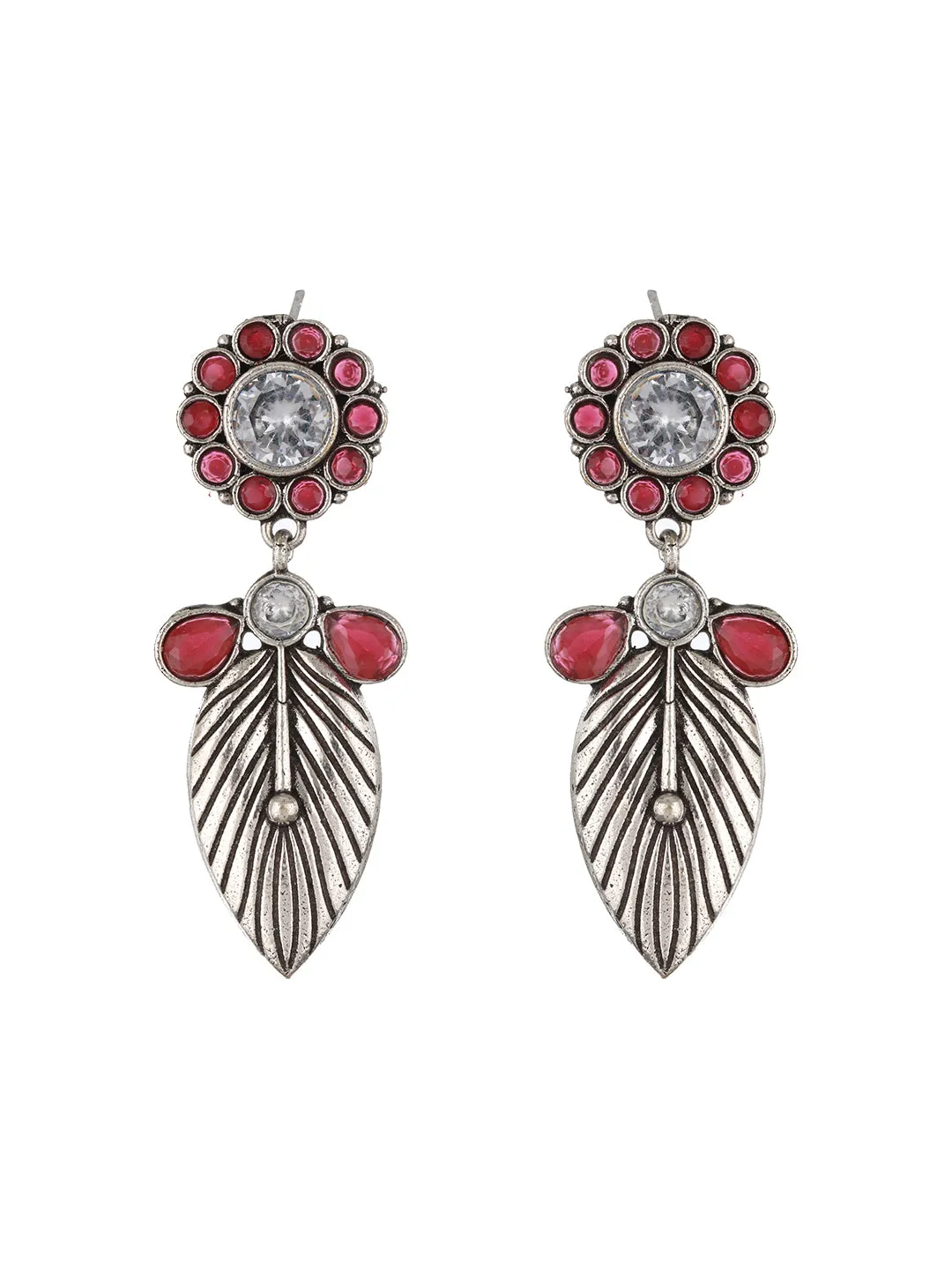 Silver-Plated Red & White Stone Studded Contemporary Drop Earrings