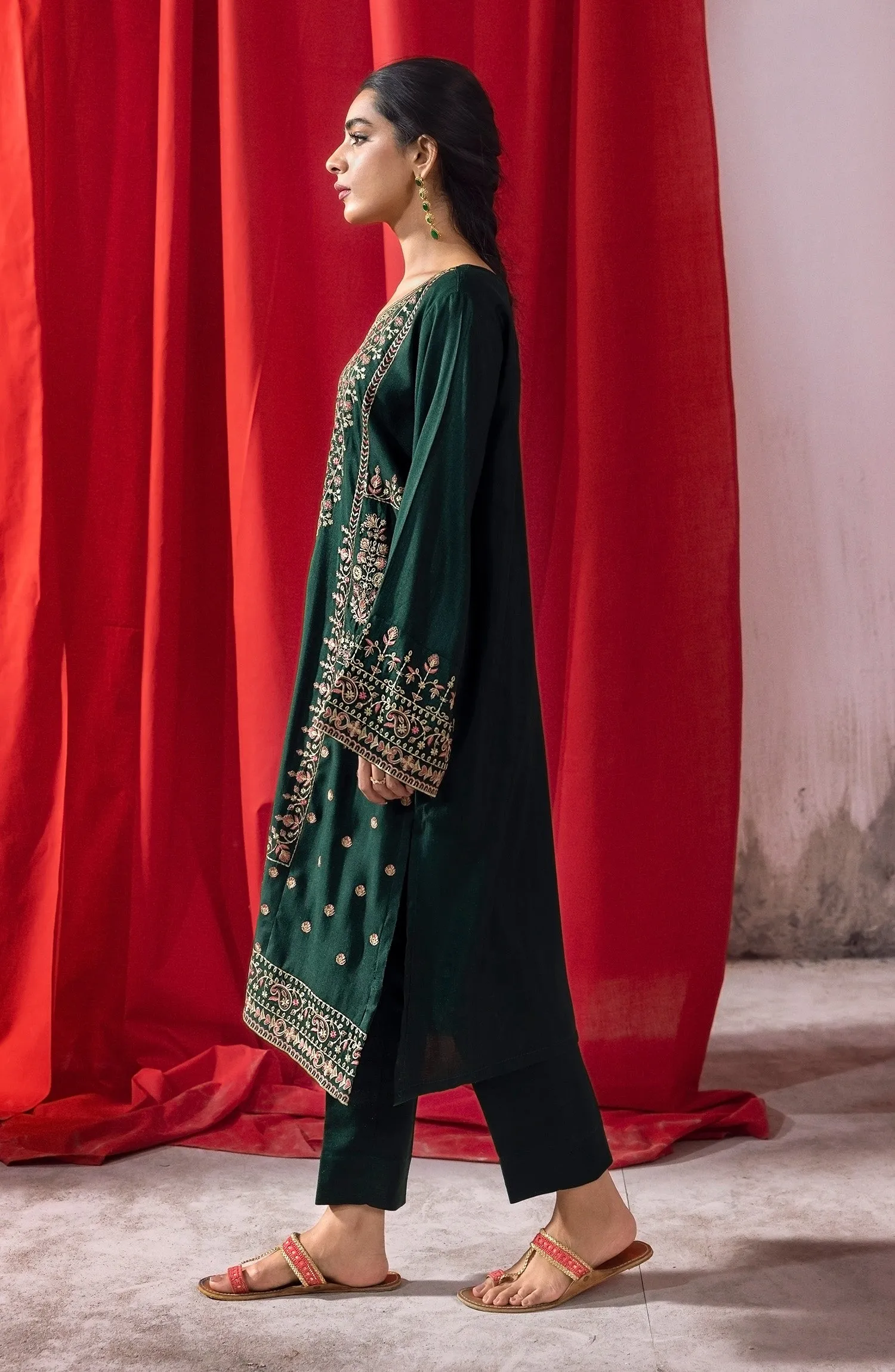 Stitched 2 Piece Embroidered Raw Silk Shirt and Raw Silk Pant (NHC-ST-23-024 GREEN)