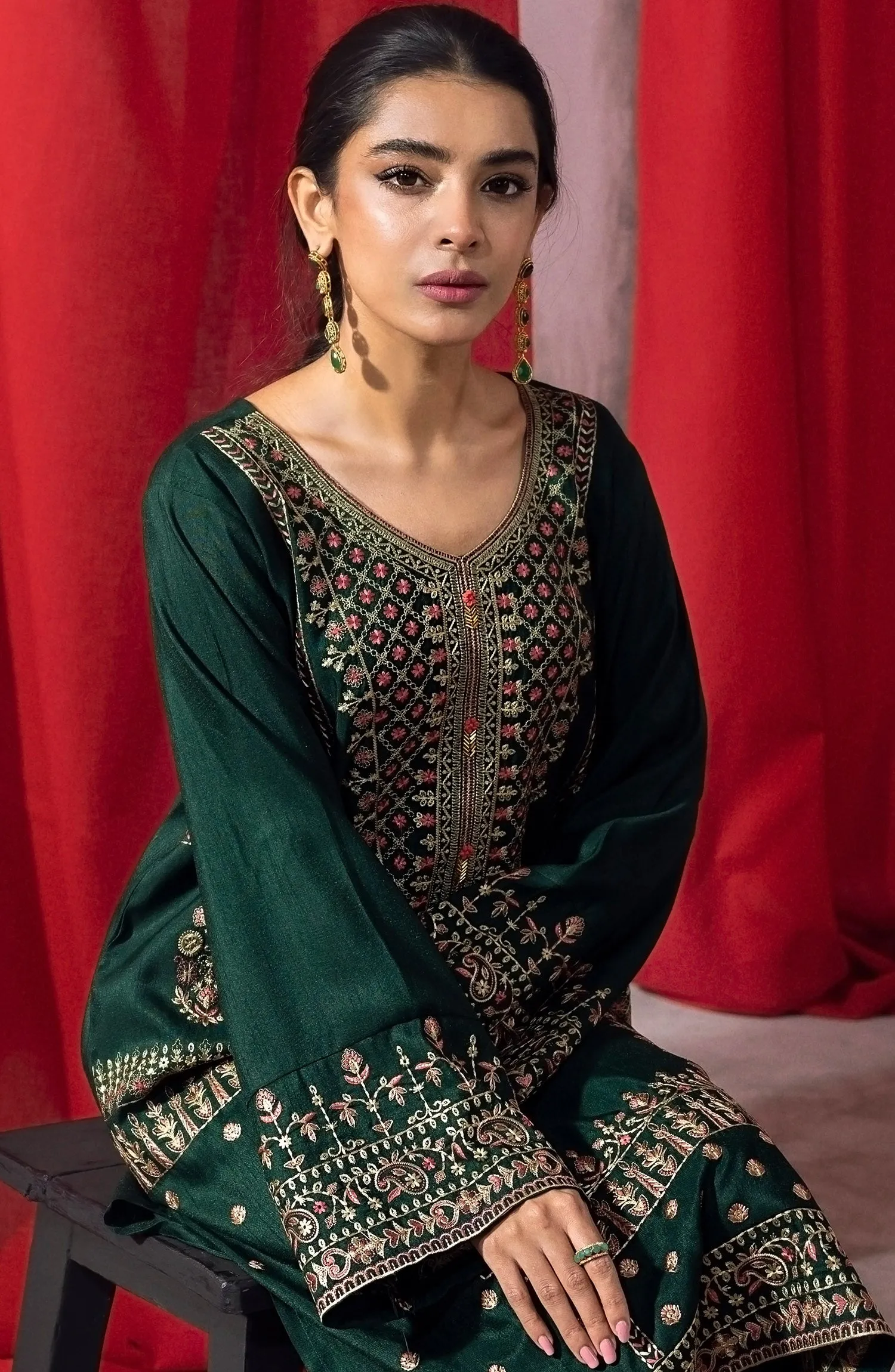 Stitched 2 Piece Embroidered Raw Silk Shirt and Raw Silk Pant (NHC-ST-23-024 GREEN)