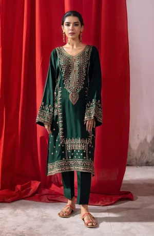 Stitched 2 Piece Embroidered Raw Silk Shirt and Raw Silk Pant (NHC-ST-23-024 GREEN)