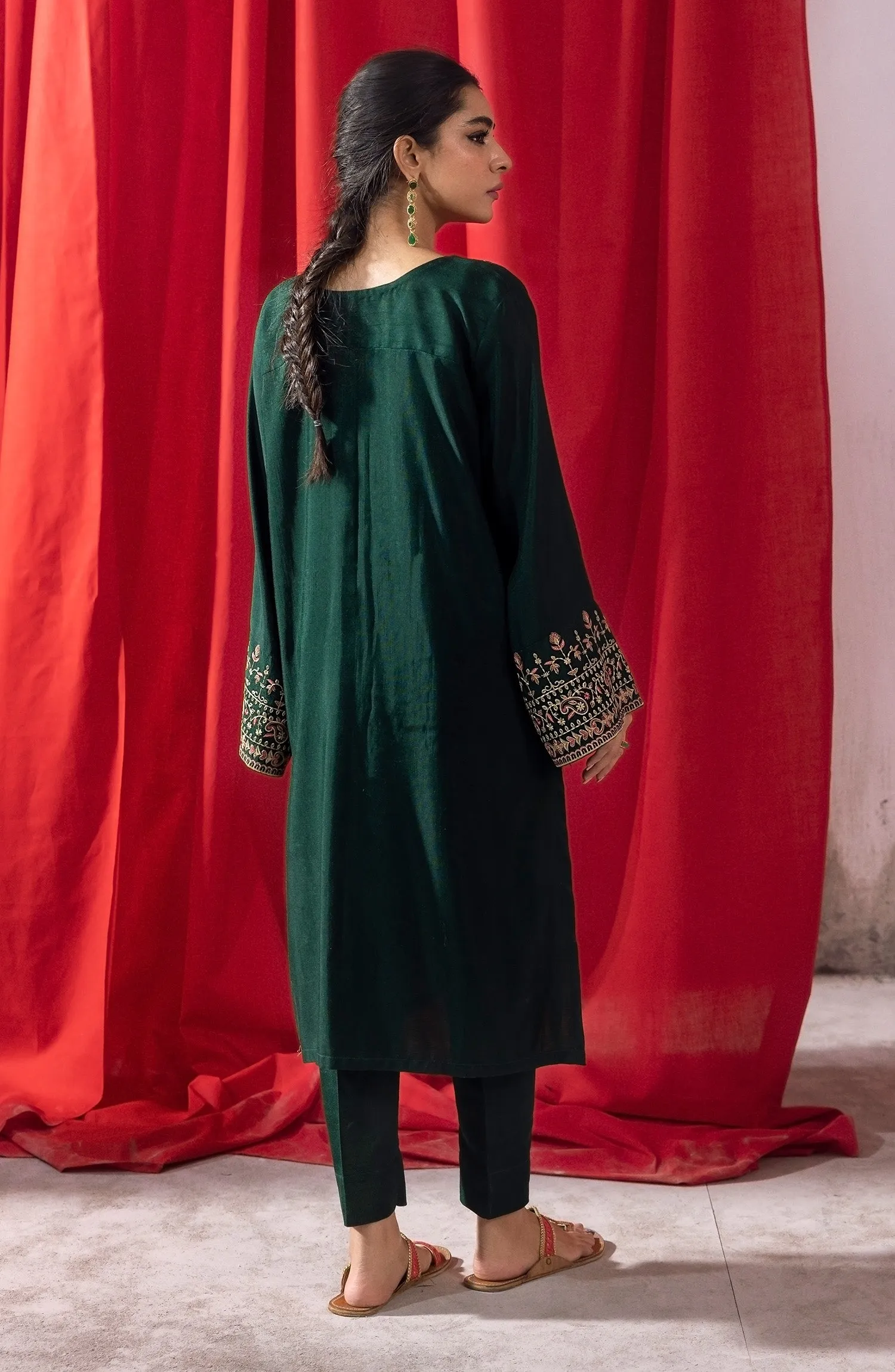 Stitched 2 Piece Embroidered Raw Silk Shirt and Raw Silk Pant (NHC-ST-23-024 GREEN)