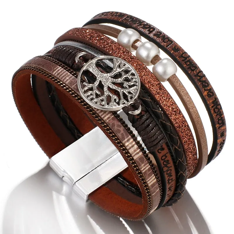Tree of Life Charm Pearl Leather Bracelets for Women Bohemian Multilayer Wide Wrap Bracelet Female Jewelry