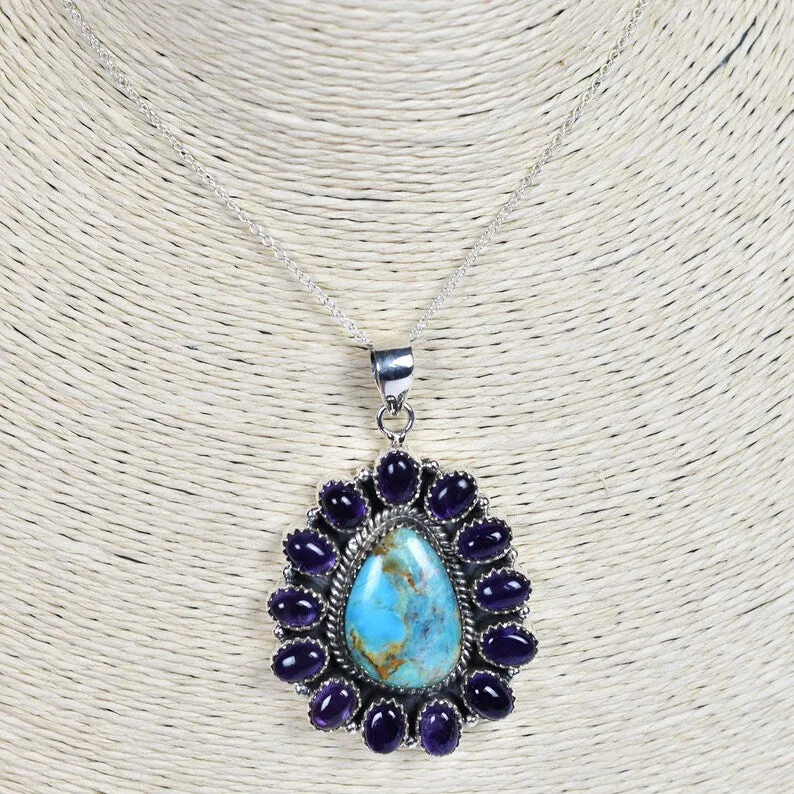 Vintage Purple Amethyst & Turquoise Cluster Bohemian Pendant - 925 Sterling Silver Native American Pendant